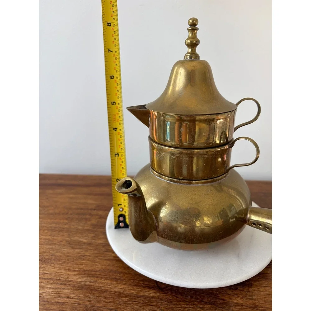 Vintage Brass Stacking Tea Set 3 Tier Teapot Creamer Sugar Wood Handle 8 Inch